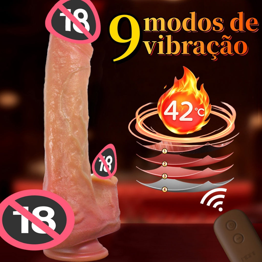Vibrador com formato de pênis realista aquecimento e controle remoto giratório que entra e sai