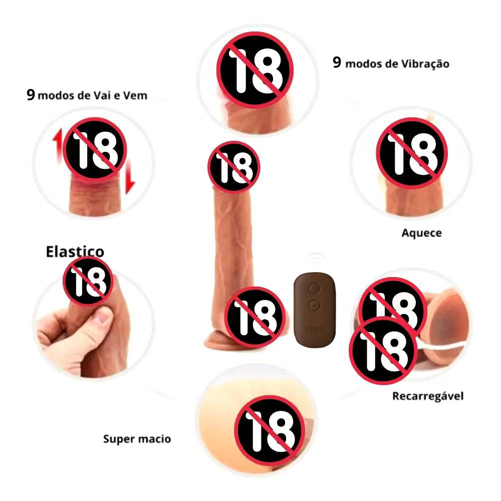 Vibrador com formato de pênis realista aquecimento e controle remoto giratório que entra e sai